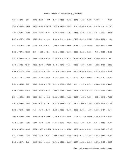 The Adding Thousandths (O) Math Worksheet Page 2