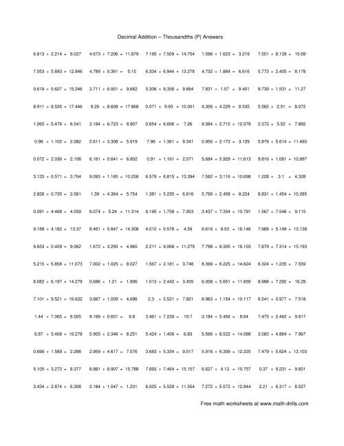 The Adding Thousandths (P) Math Worksheet Page 2