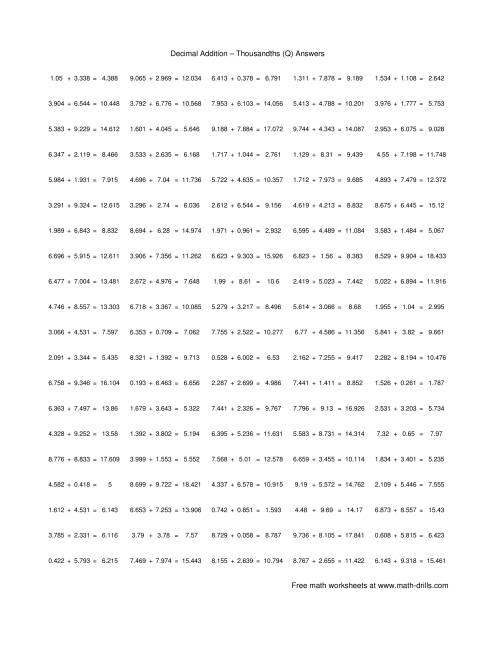 The Adding Thousandths (Q) Math Worksheet Page 2