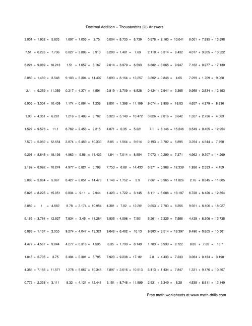 The Adding Thousandths (U) Math Worksheet Page 2