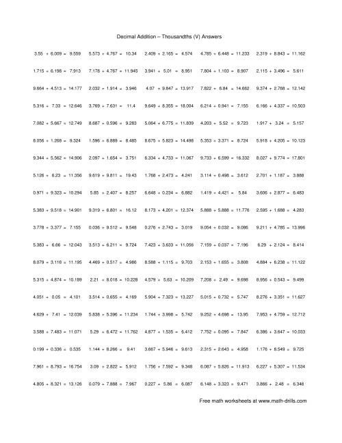 The Adding Thousandths (V) Math Worksheet Page 2