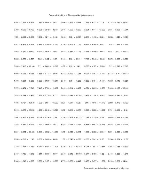 The Adding Thousandths (W) Math Worksheet Page 2