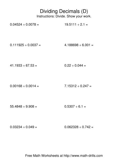 The Dividing with a Random Number of Digits and a Random Number of Decimal Places (A) Math Worksheet