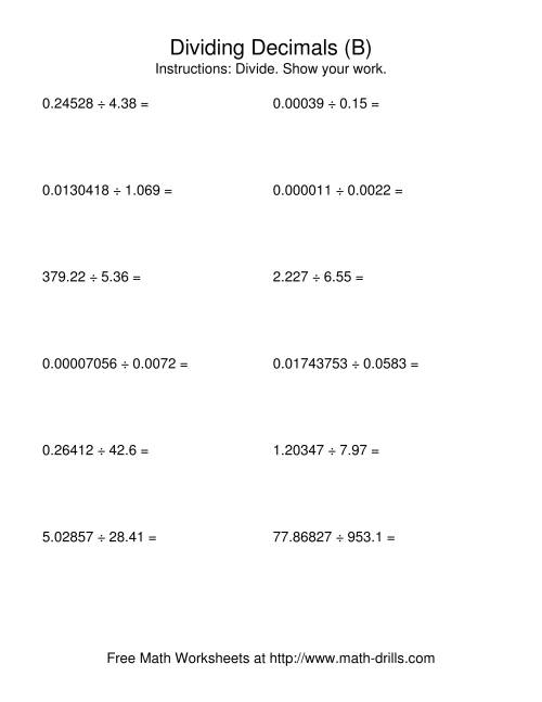 The Dividing with a Random Number of Digits and a Random Number of Decimal Places (B) Math Worksheet