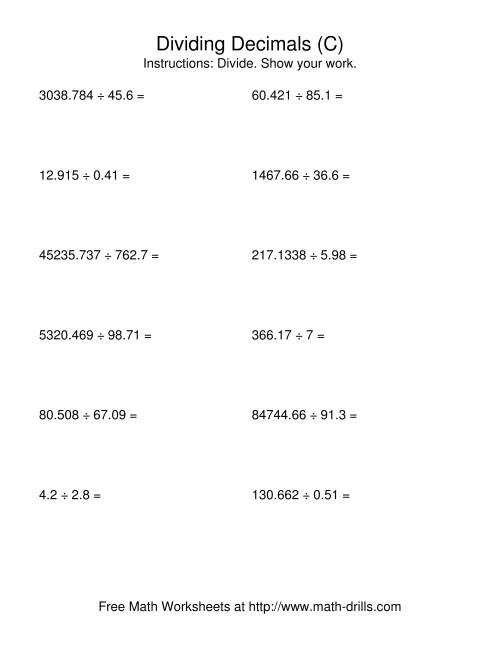 The Dividing with a Random Number of Digits and a Random Number of Decimal Places (C) Math Worksheet