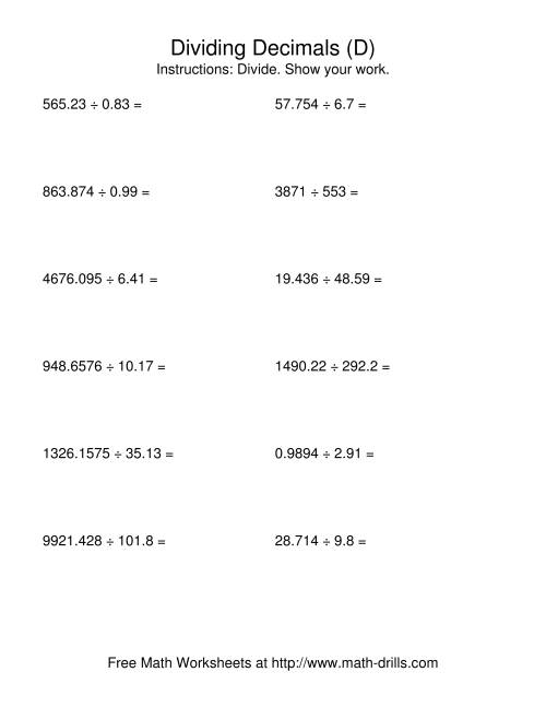The Dividing with a Random Number of Digits and a Random Number of Decimal Places (D) Math Worksheet