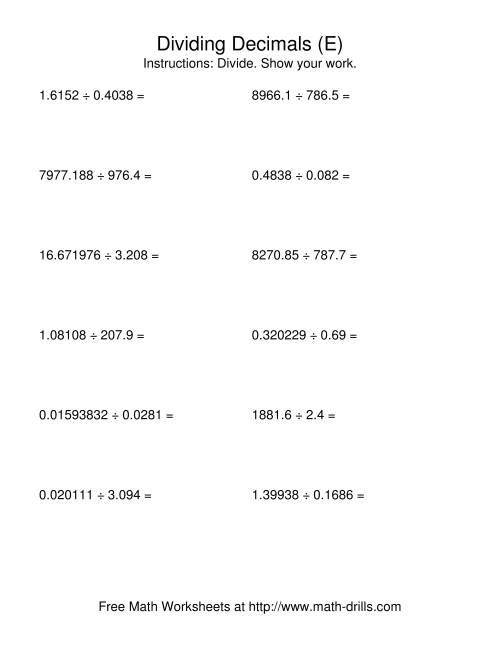 The Dividing with a Random Number of Digits and a Random Number of Decimal Places (E) Math Worksheet