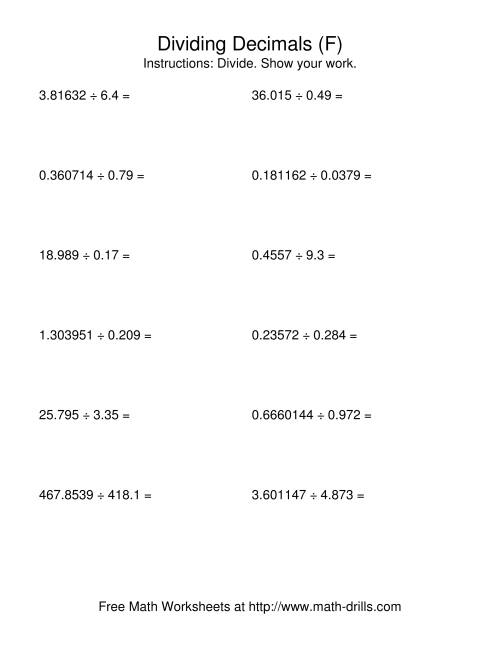The Dividing with a Random Number of Digits and a Random Number of Decimal Places (F) Math Worksheet