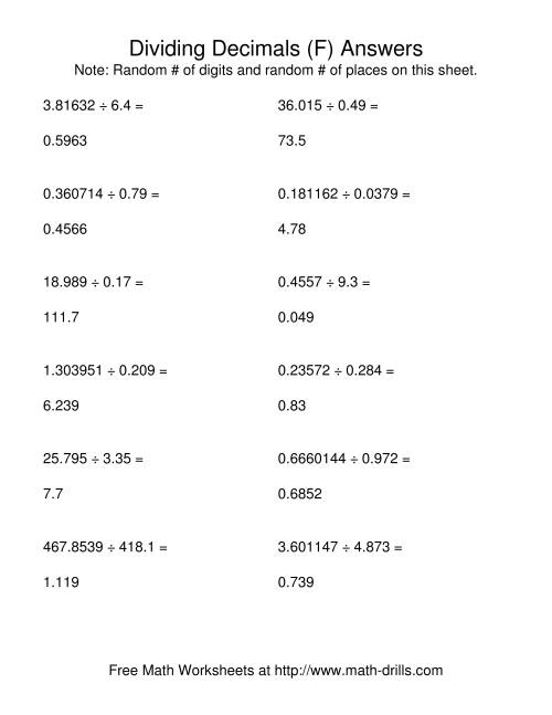 The Dividing with a Random Number of Digits and a Random Number of Decimal Places (F) Math Worksheet Page 2