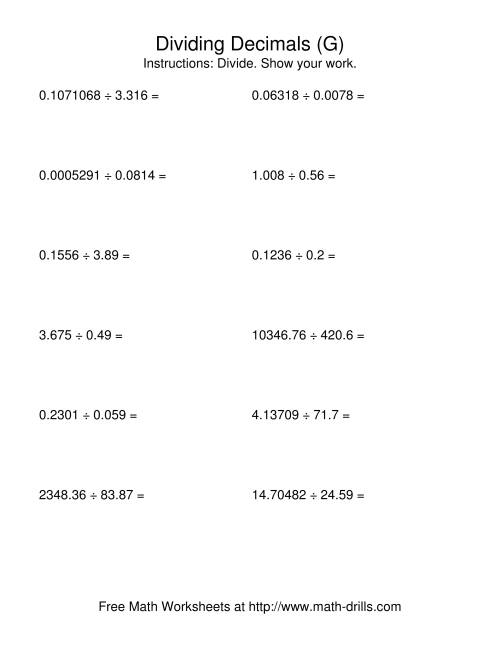 The Dividing with a Random Number of Digits and a Random Number of Decimal Places (G) Math Worksheet