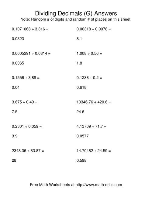The Dividing with a Random Number of Digits and a Random Number of Decimal Places (G) Math Worksheet Page 2