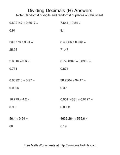 The Dividing with a Random Number of Digits and a Random Number of Decimal Places (H) Math Worksheet Page 2