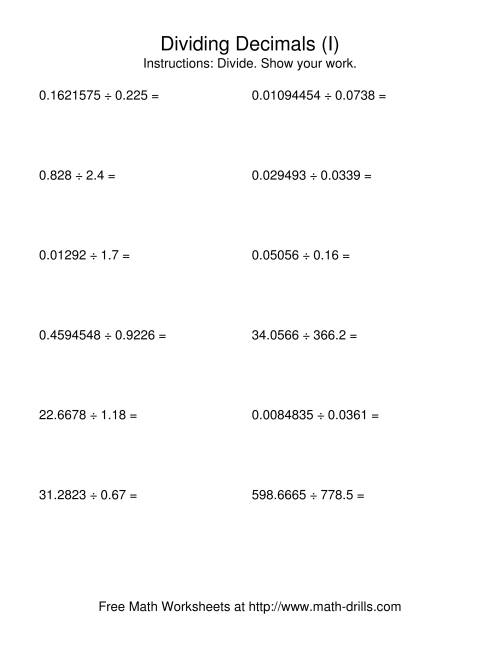 The Dividing with a Random Number of Digits and a Random Number of Decimal Places (I) Math Worksheet