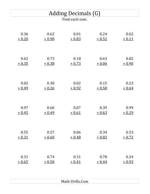 The Adding Decimal Hundredths with 0 Before the Decimal (range 0.01 to 0.99) (G) Math Worksheet