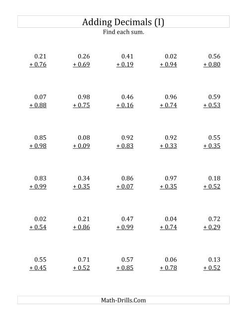 The Adding Decimal Hundredths with 0 Before the Decimal (range 0.01 to 0.99) (I) Math Worksheet