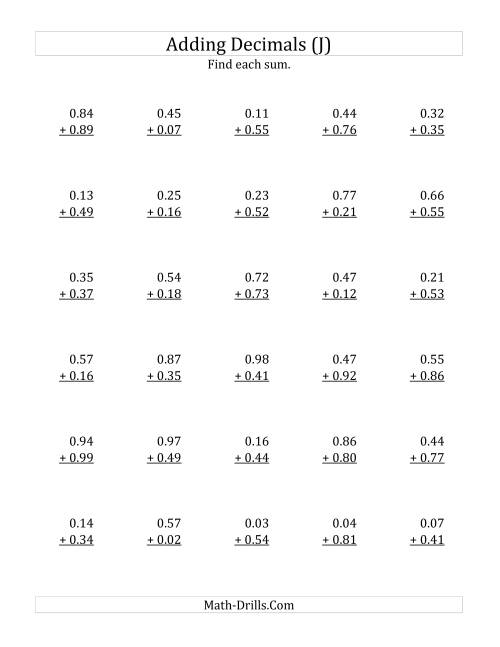 The Adding Decimal Hundredths with 0 Before the Decimal (range 0.01 to 0.99) (J) Math Worksheet