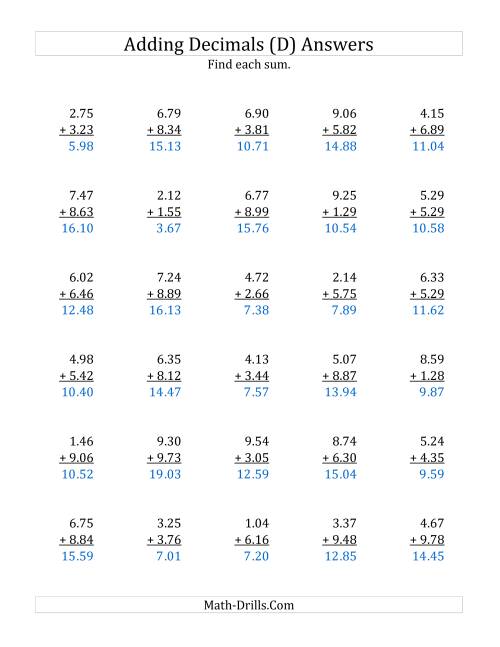 The Adding Decimal Hundredths with 1 Digit Before the Decimal (range 1.01 to 9.99) (D) Math Worksheet Page 2