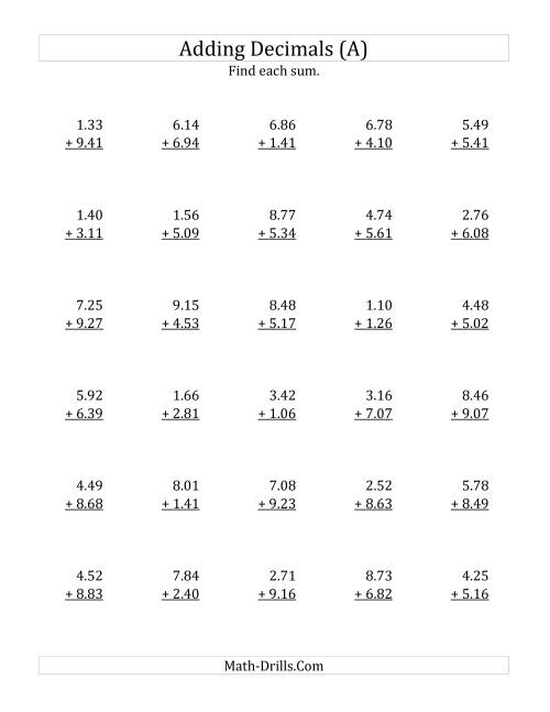 The Adding Decimal Hundredths with 1 Digit Before the Decimal (range 1.01 to 9.99) (All) Math Worksheet