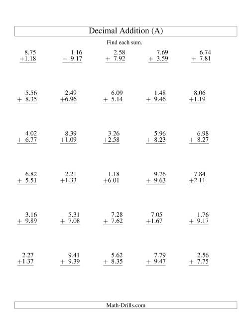The Adding Decimal Hundredths with 1 Digit Before the Decimal (range 1.01 to 9.99) (Old) Math Worksheet