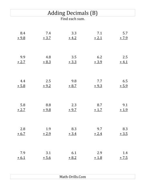 The Adding Decimal Tenths with 1 Digit Before the Decimal (range 1.1 to 9.9) (B) Math Worksheet