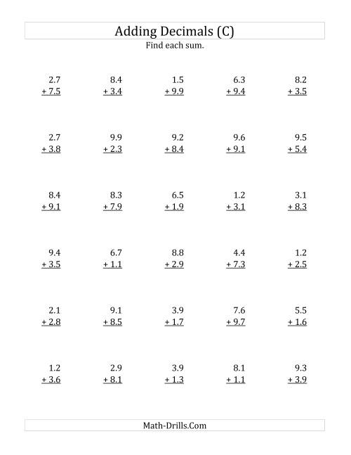 The Adding Decimal Tenths with 1 Digit Before the Decimal (range 1.1 to 9.9) (C) Math Worksheet