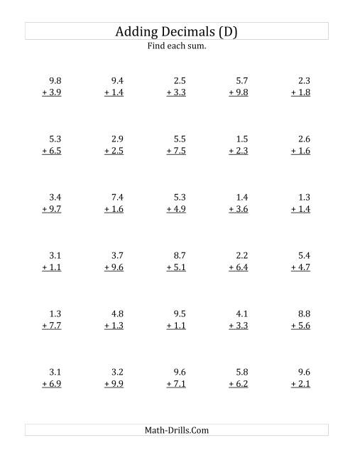 The Adding Decimal Tenths with 1 Digit Before the Decimal (range 1.1 to 9.9) (D) Math Worksheet