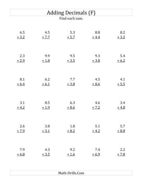 The Adding Decimal Tenths with 1 Digit Before the Decimal (range 1.1 to 9.9) (F) Math Worksheet