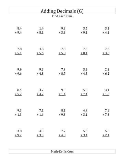 The Adding Decimal Tenths with 1 Digit Before the Decimal (range 1.1 to 9.9) (G) Math Worksheet