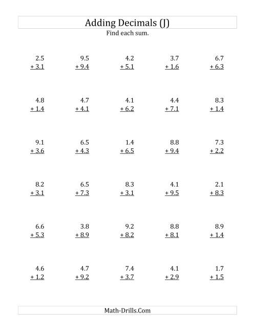 The Adding Decimal Tenths with 1 Digit Before the Decimal (range 1.1 to 9.9) (J) Math Worksheet