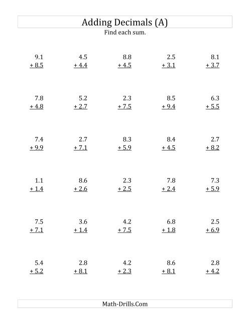 The Adding Decimal Tenths with 1 Digit Before the Decimal (range 1.1 to 9.9) (All) Math Worksheet