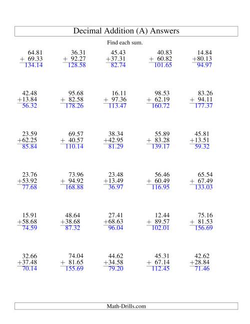 The Adding Decimal Hundredths with 2 Digits Before the Decimal (range 10.01 to 99.99) (Old) Math Worksheet Page 2