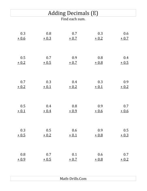 The Adding Decimal Tenths with 0 Before the Decimal (range 0.1 to 0.9) (E) Math Worksheet