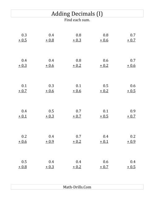 The Adding Decimal Tenths with 0 Before the Decimal (range 0.1 to 0.9) (I) Math Worksheet