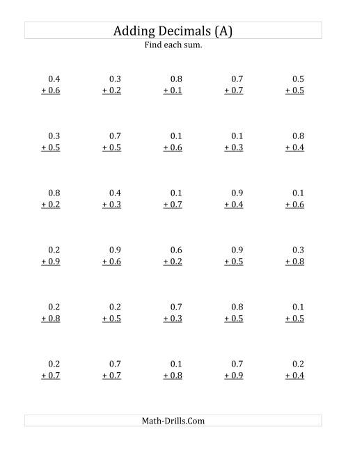 The Adding Decimal Tenths with 0 Before the Decimal (range 0.1 to 0.9) (All) Math Worksheet
