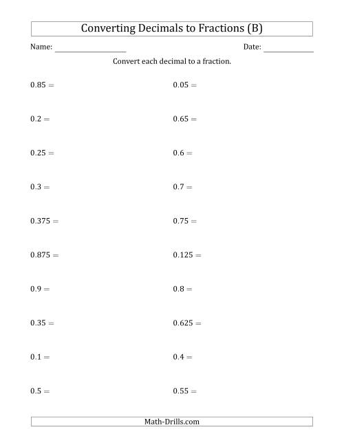 The Converting Terminating Decimals to Fractions (B) Math Worksheet