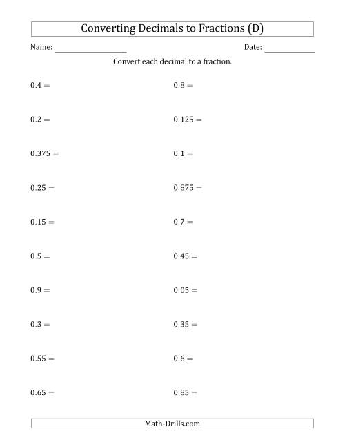The Converting Terminating Decimals to Fractions (D) Math Worksheet