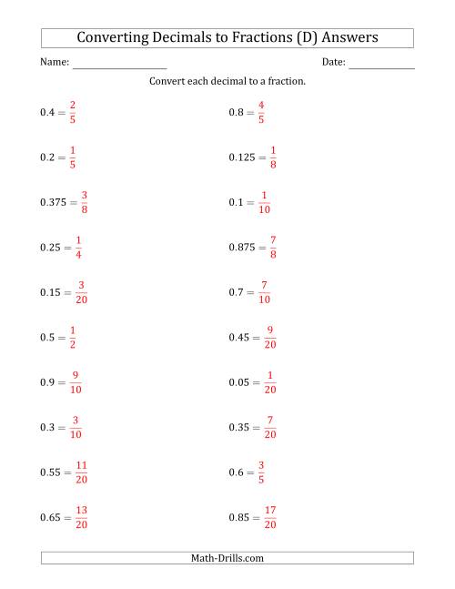The Converting Terminating Decimals to Fractions (D) Math Worksheet Page 2