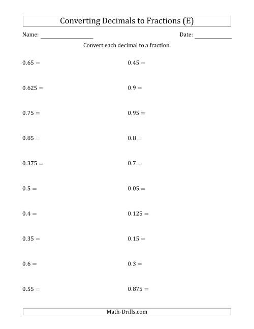 The Converting Terminating Decimals to Fractions (E) Math Worksheet