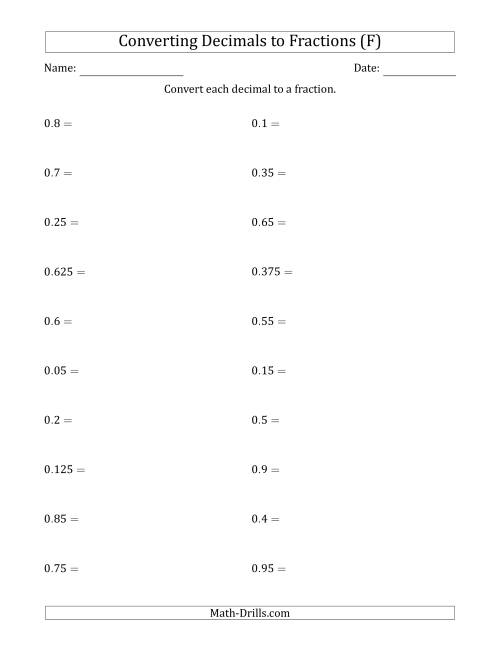 The Converting Terminating Decimals to Fractions (F) Math Worksheet