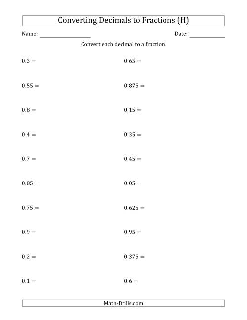 The Converting Terminating Decimals to Fractions (H) Math Worksheet