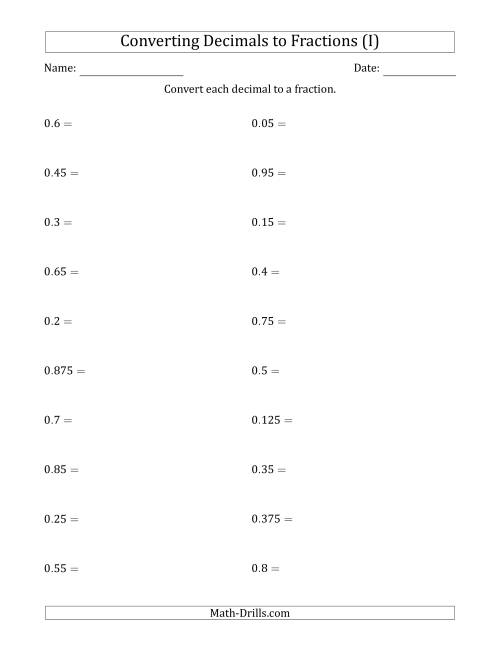 The Converting Terminating Decimals to Fractions (I) Math Worksheet