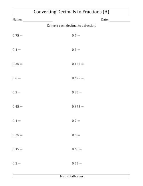 The Converting Terminating Decimals to Fractions (All) Math Worksheet
