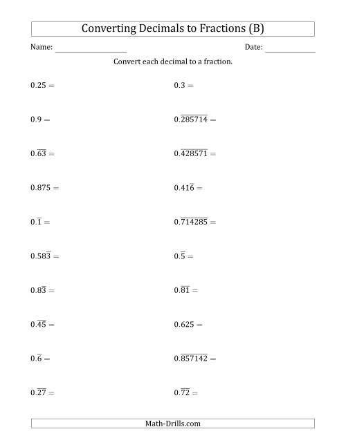 The Converting Terminating and Repeating Decimals to Fractions (B) Math Worksheet