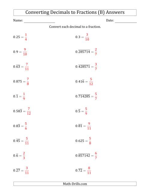 The Converting Terminating and Repeating Decimals to Fractions (B) Math Worksheet Page 2