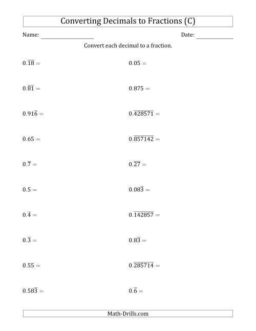 The Converting Terminating and Repeating Decimals to Fractions (C) Math Worksheet