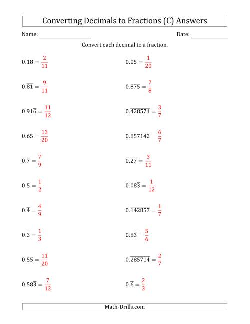 The Converting Terminating and Repeating Decimals to Fractions (C) Math Worksheet Page 2