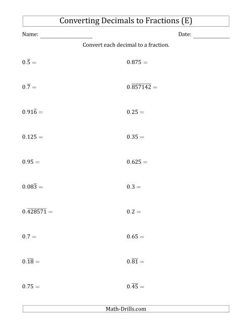 The Converting Terminating and Repeating Decimals to Fractions (E) Math Worksheet