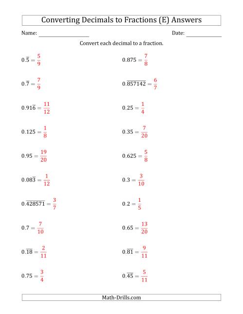 The Converting Terminating and Repeating Decimals to Fractions (E) Math Worksheet Page 2