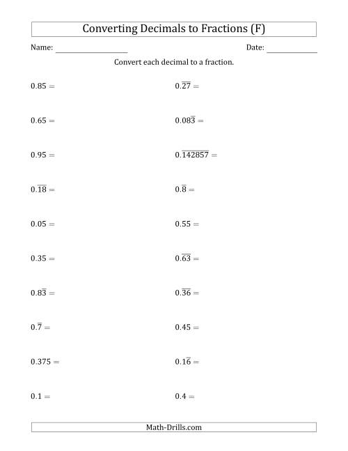 The Converting Terminating and Repeating Decimals to Fractions (F) Math Worksheet