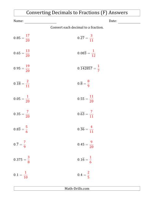 The Converting Terminating and Repeating Decimals to Fractions (F) Math Worksheet Page 2